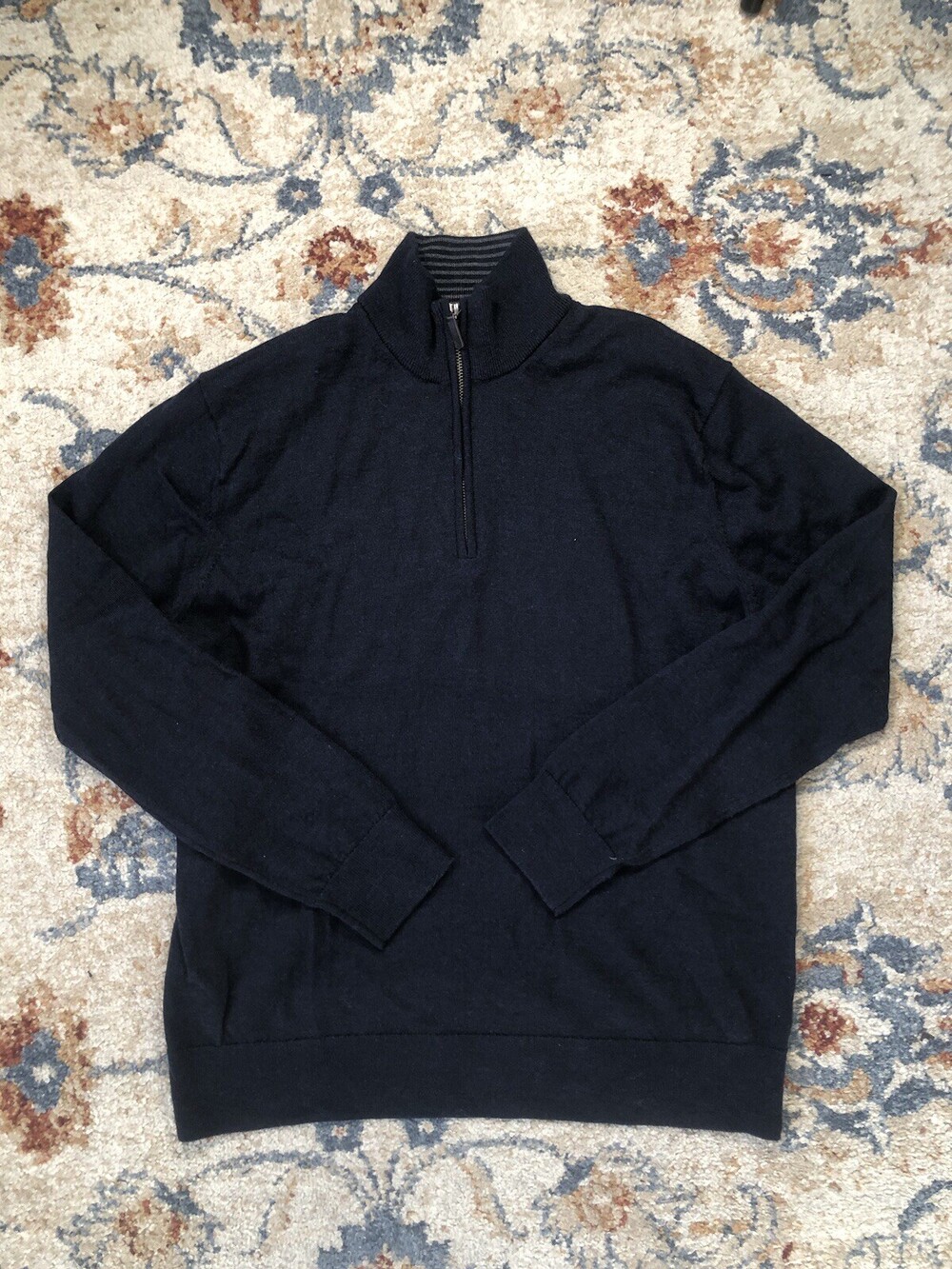 UNTUCKit Sweater Mens XL Solid Blue Mock Neck 1/4 Zip Merino Wool Long Sleeve